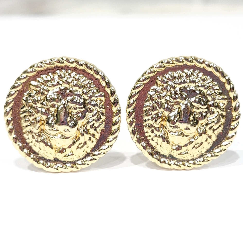 Vintage Versace Lion Coin Earrings 70s 80s Gold Tone Gianni Versace Clip Ons - Picture 3 of 17